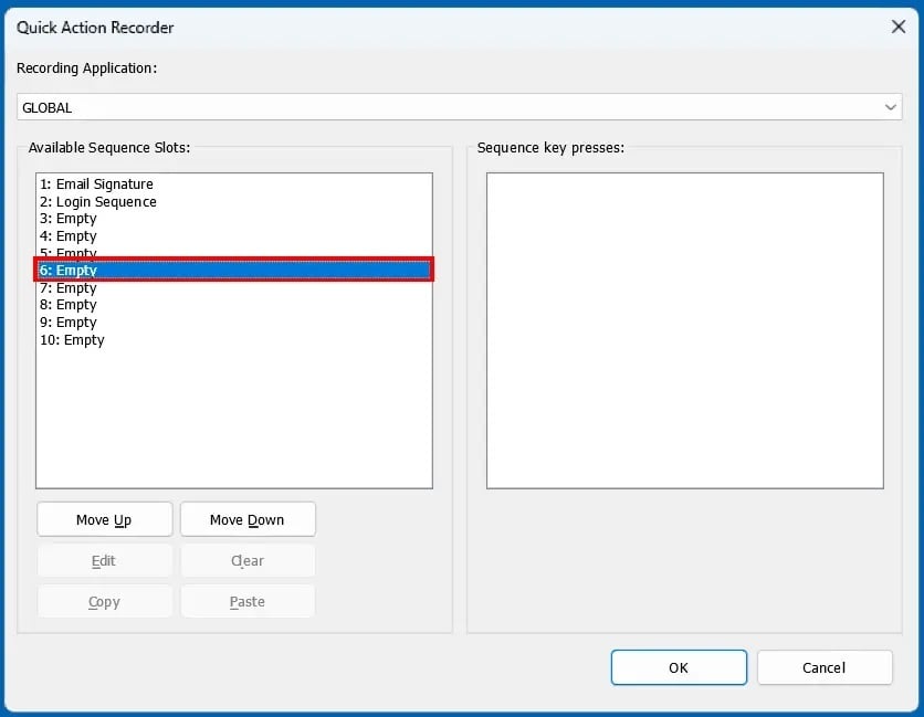 Screen shot of the Quick Action Recorder pop up